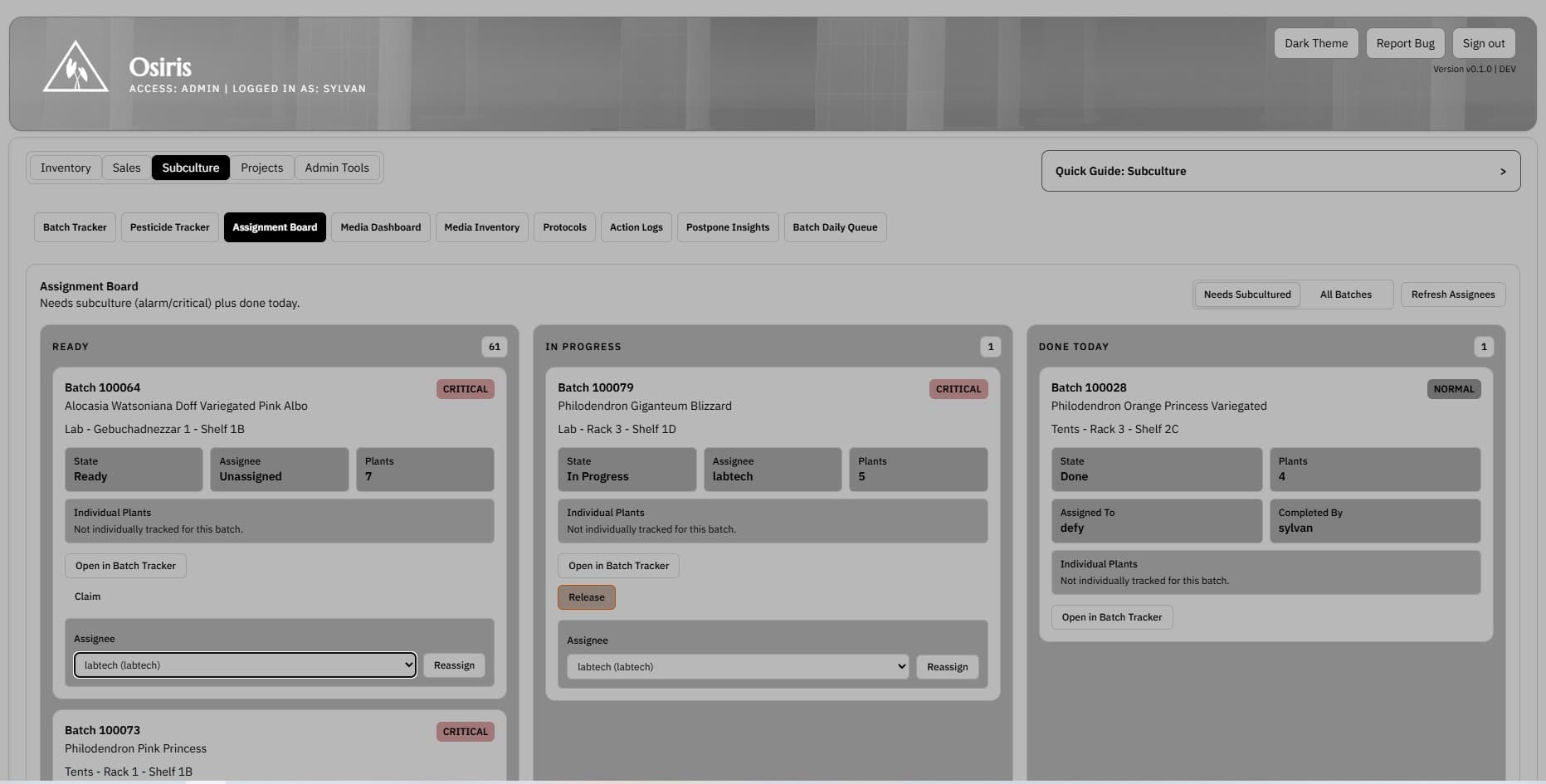 Batch assignment board screenshot showing ready in progress and completed subculture batches