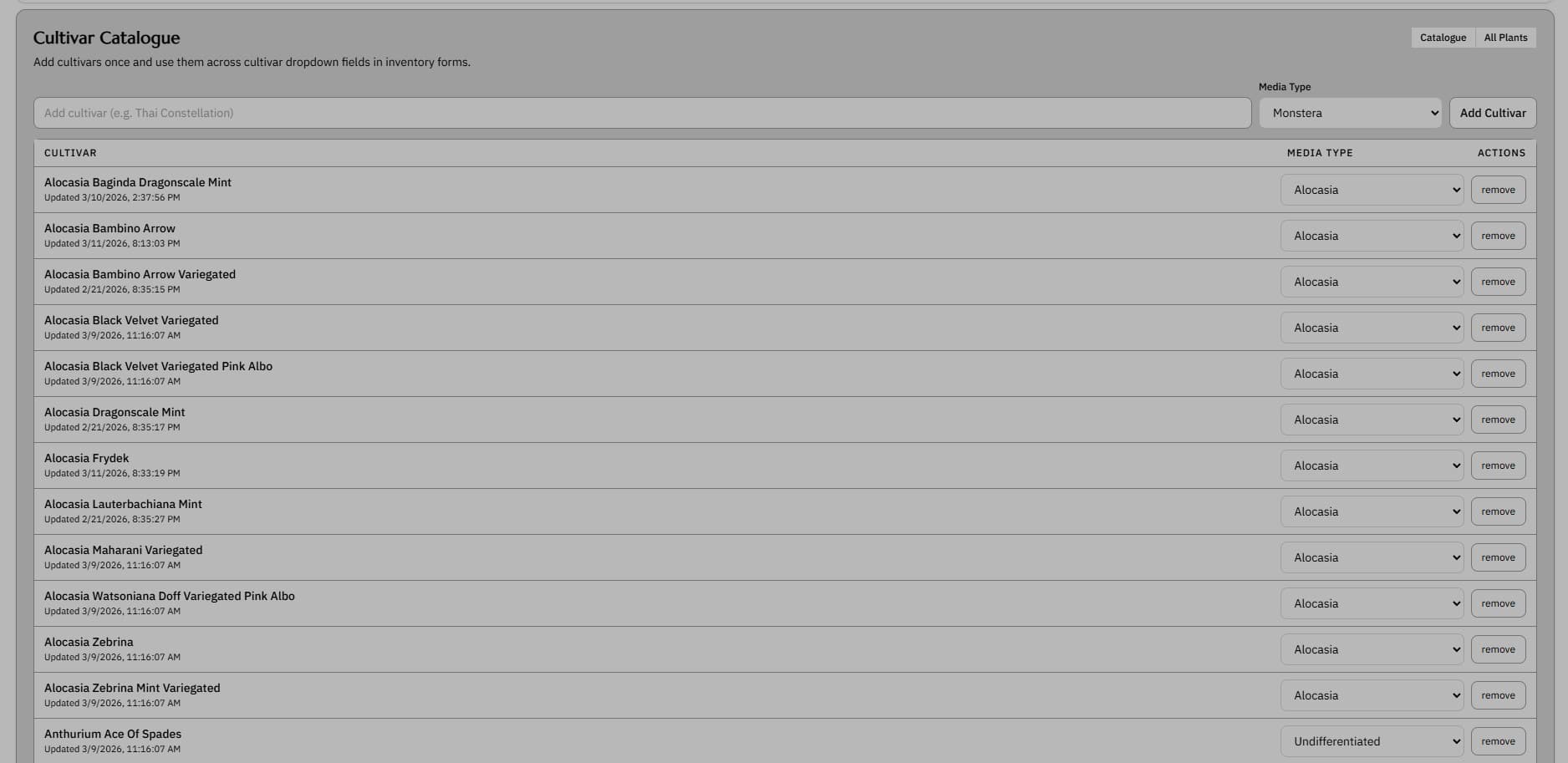 Cultivar catalogue screenshot showing indexed plant cultivars and reference details