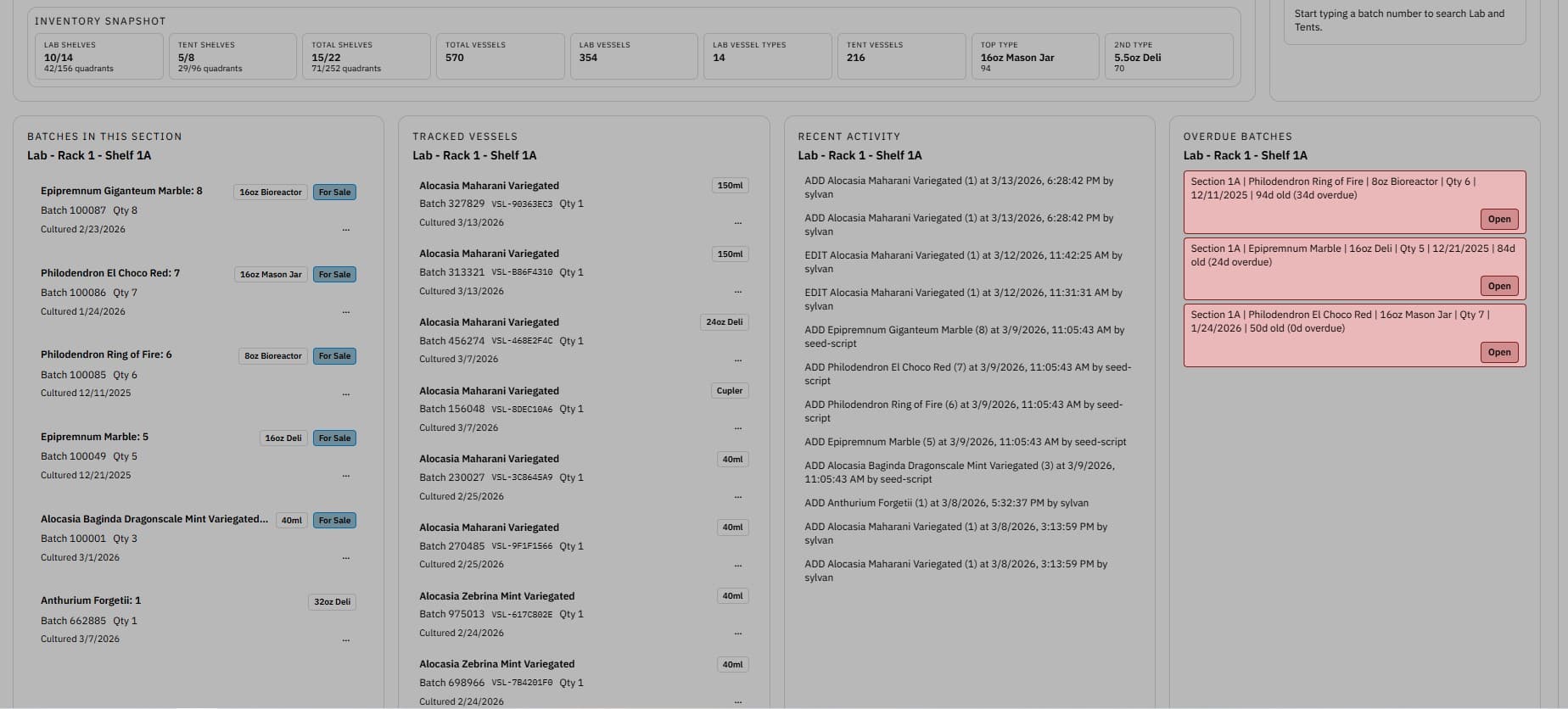 Detailed lab layout screenshot showing plant locations across racks and sections
